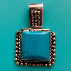 VINTAGE STERLING SILVER AND TURQUOISE SQUARE PENDANT MEXICO 950 STAMPED